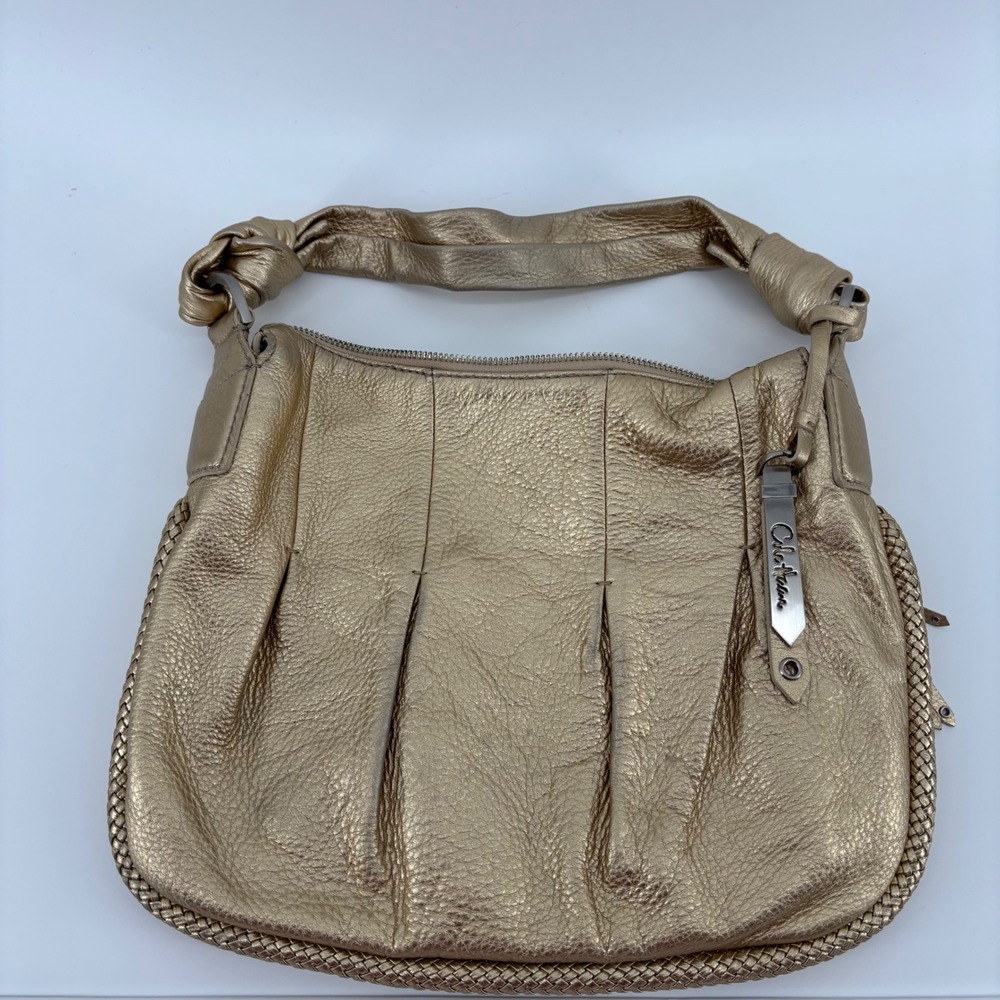 Cole Haan Hobo Bag Womens Medium Gold Excellent Metallic Leather Braided Tassel